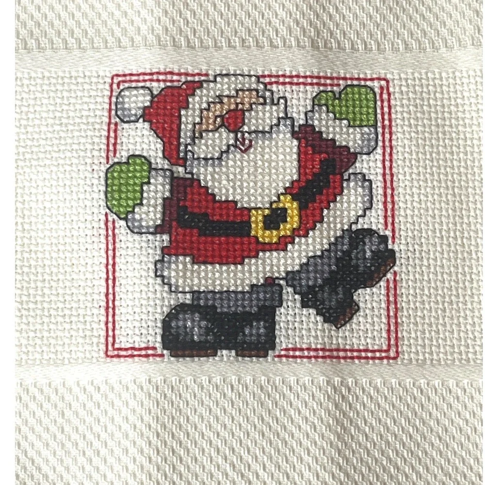 Vintage Handmade Christmas Cross Stitch Santa Reindeer Waffle Hand Towels Set 3